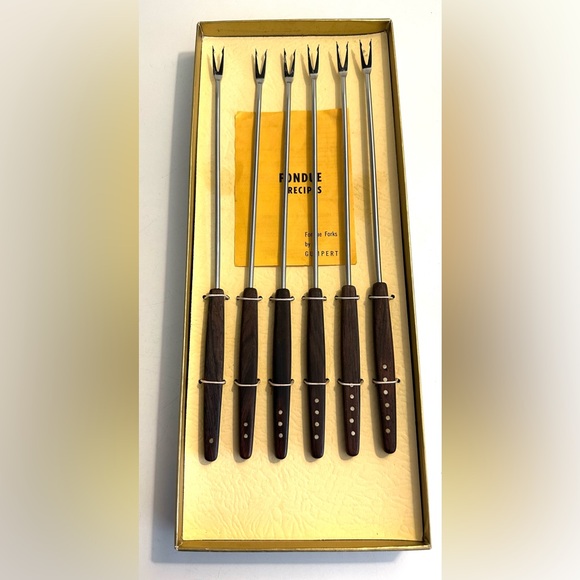 Vintage GUMPERT Fondue Forks Set Of 6 Six Germany Wooden Handles MCM Mid Century - Picture 2 of 12
